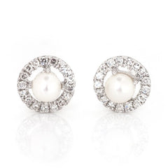 14K Gold Freshwater Pearl and Diamond Halo Studs