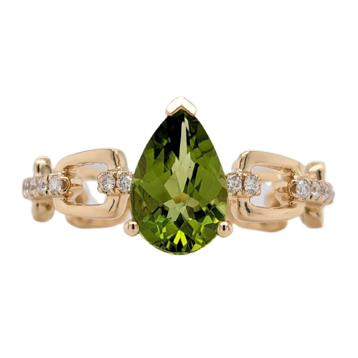 14K Yellow Gold Peridot Pear Chain Link Ring with Diamonds