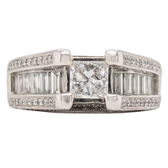 Estate: 18K White Gold Princess Cut Diamond Engagement Cathedral Ring 2CTW