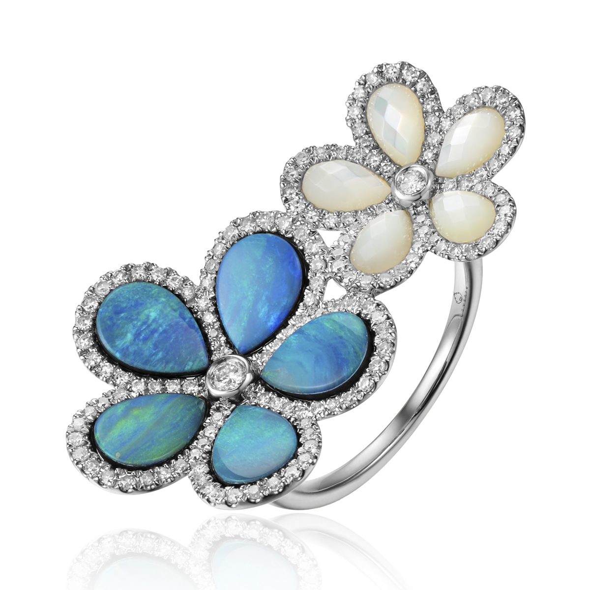 14K White Gold Opal and Mother of Pearl Flower Ring