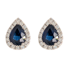 18K White Gold Pear Blue Sapphire Diamond Halo Stud Earrings