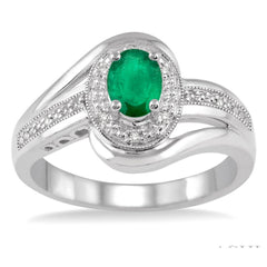 Sterling Silver Oval Emerald Bypass Ring with Diamonds