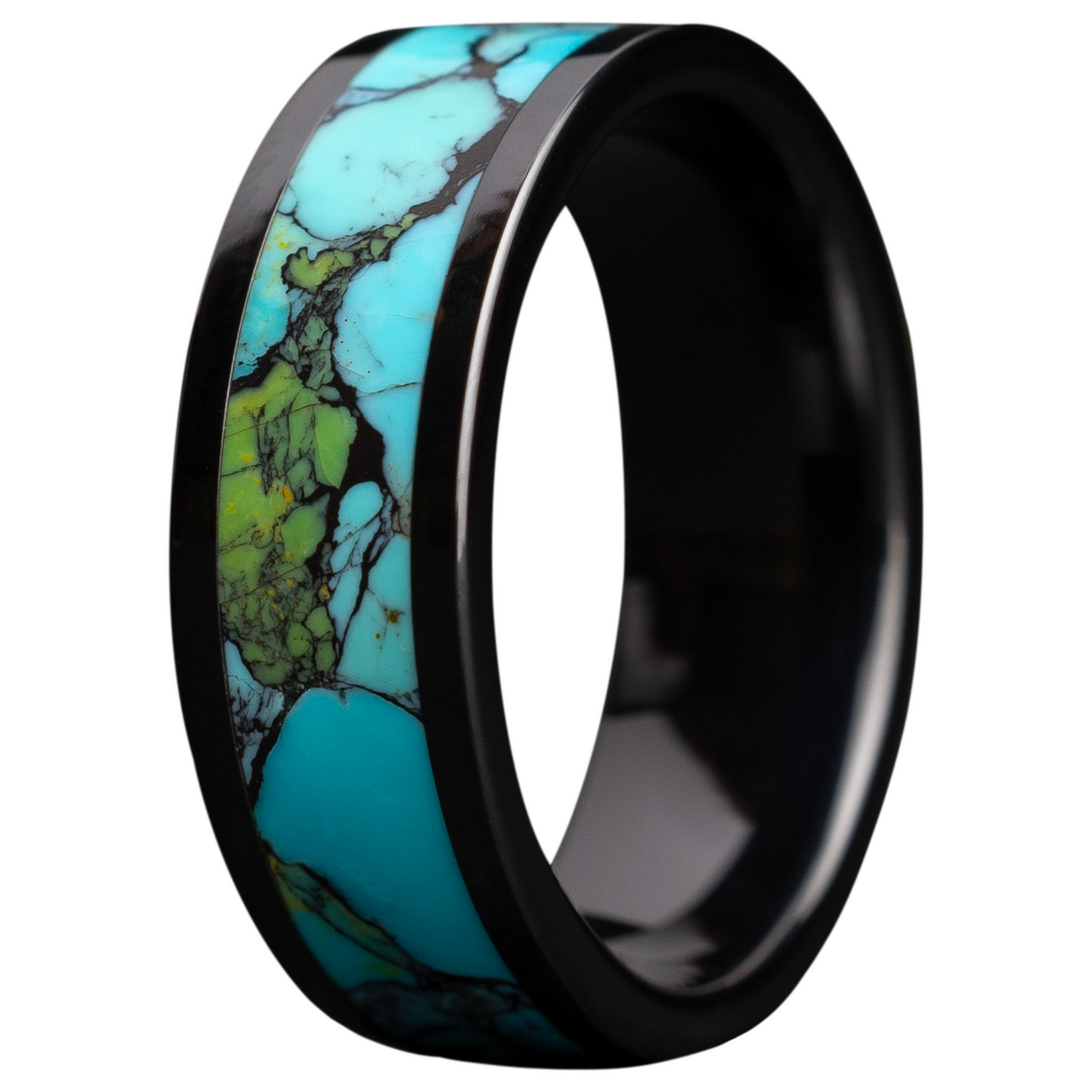 Men's Turquoise Inlay Black Ceramic Ring - Size 10