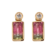 14KT Yellow Gold Watermelon Tourmaline and Diamond Earrings