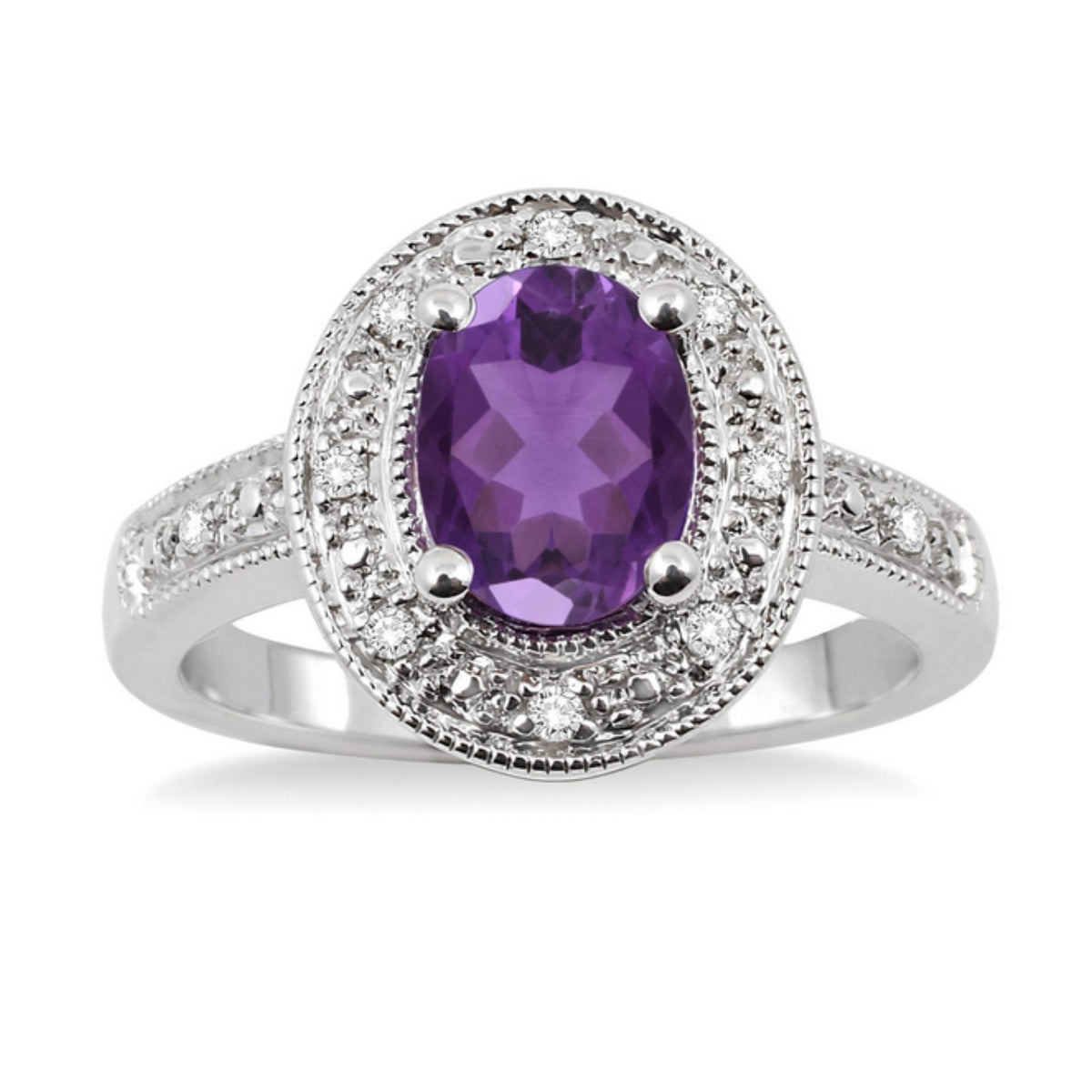 Sterling Silver Oval Amethyst and Diamond Vintage Style Ring
