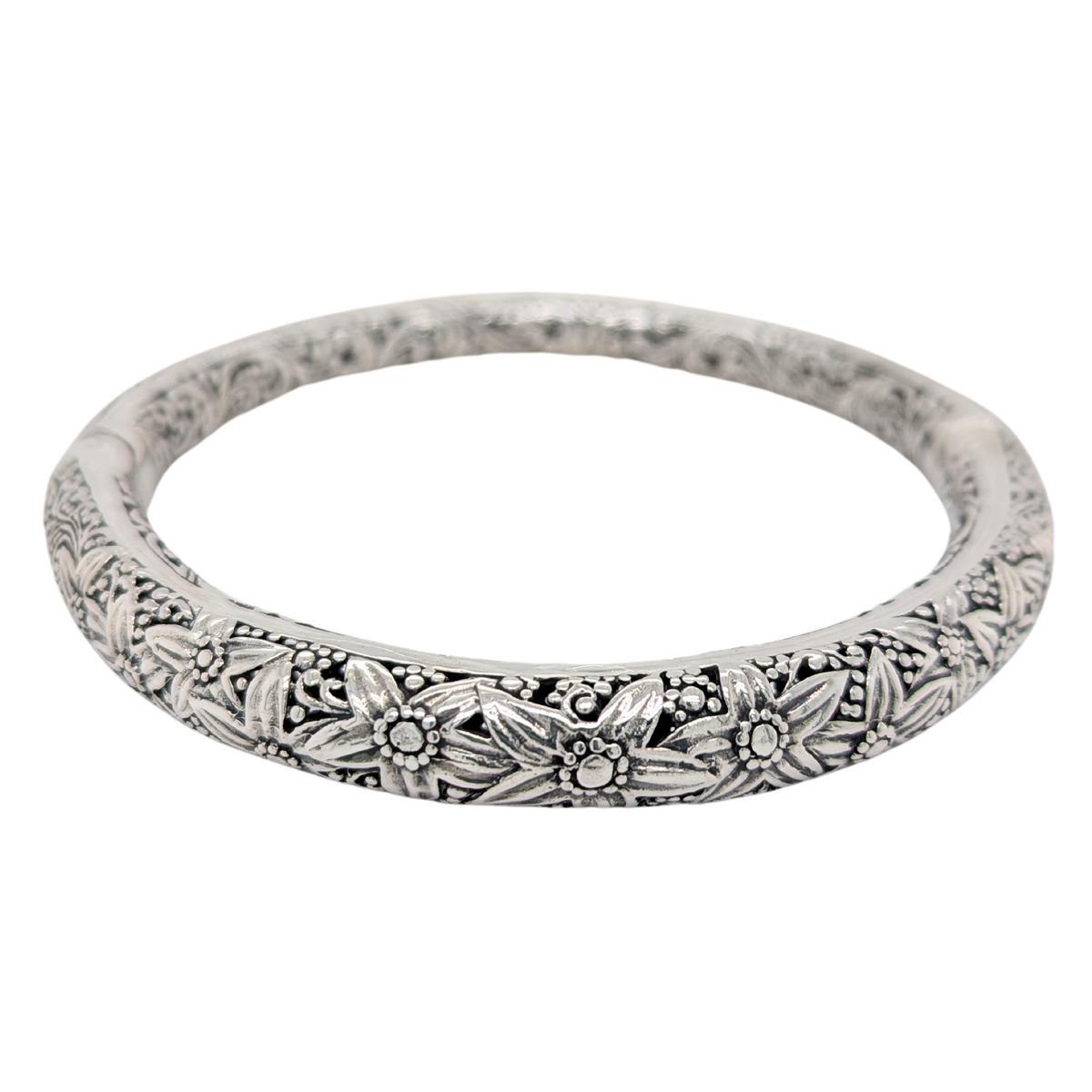 Estate: Sterling Silver Round Floral Hinged Bracelet