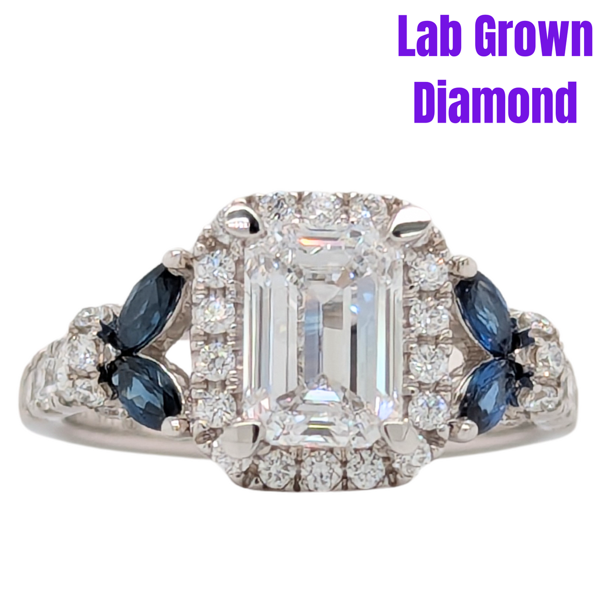 14K Gold 1.5CT Lab Grown Diamond Center Engagement Rng with Marquise Sapphires