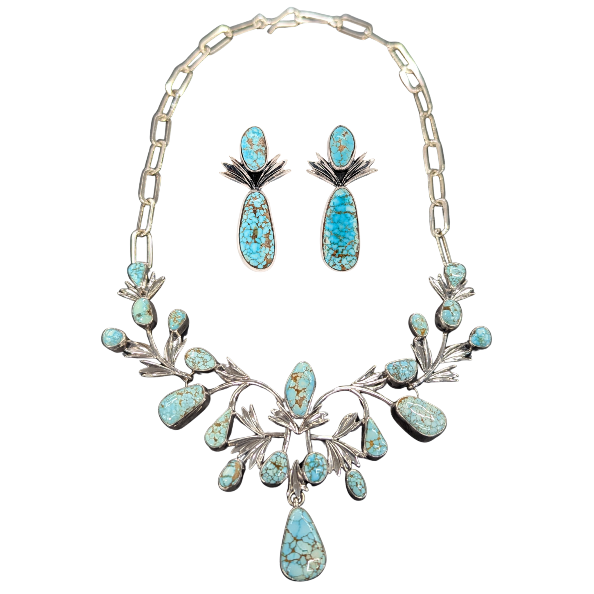 Estate: Sterling Silver Signed by Artist Dry Creek Turquoise Statement Necklace with Earrings