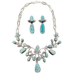 Estate: Sterling Silver Signed by Artist Dry Creek Turquoise Statement Necklace with Earrings