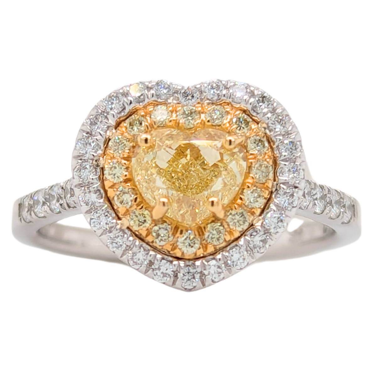 14K Gold Heart Double Halo Ring Natural Yellow Diamonds