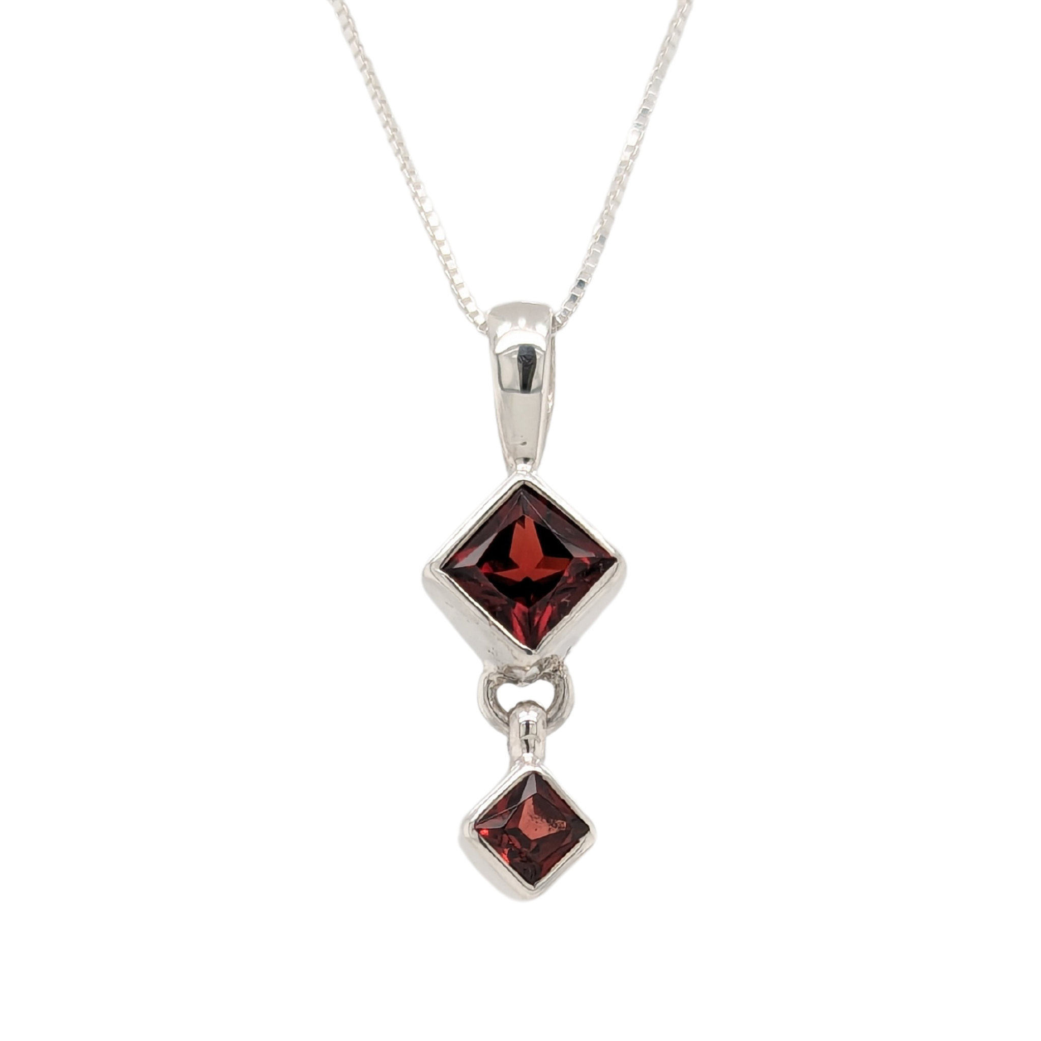 Sterling Silver Double Garnet Drop Pendant with Chain