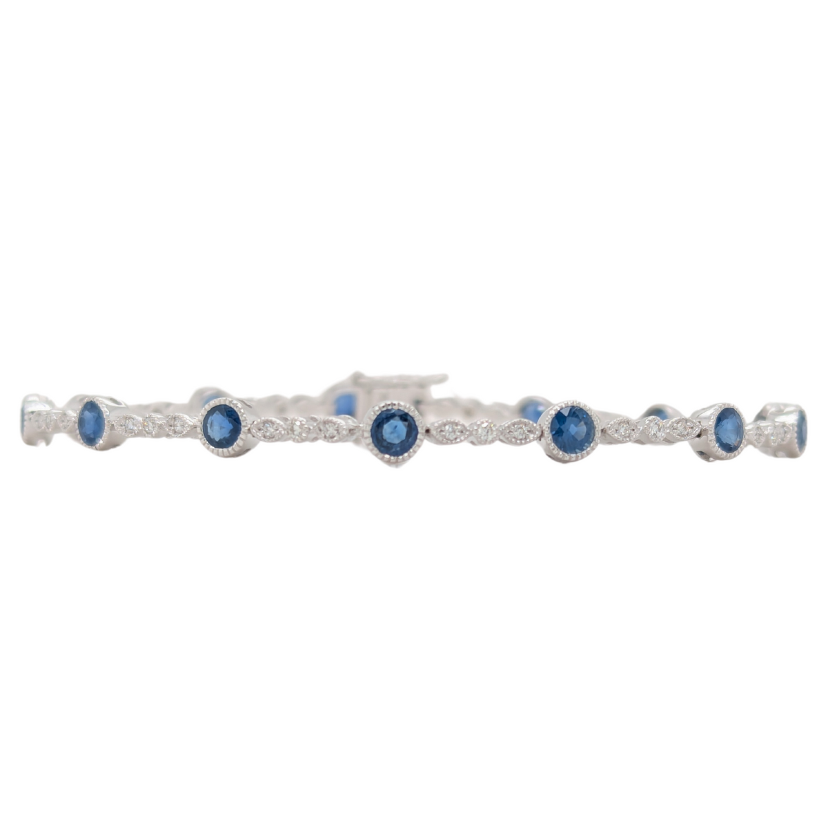 14K White Gold Blue Sapphire and Diamond Vintage Inspired Bracelet