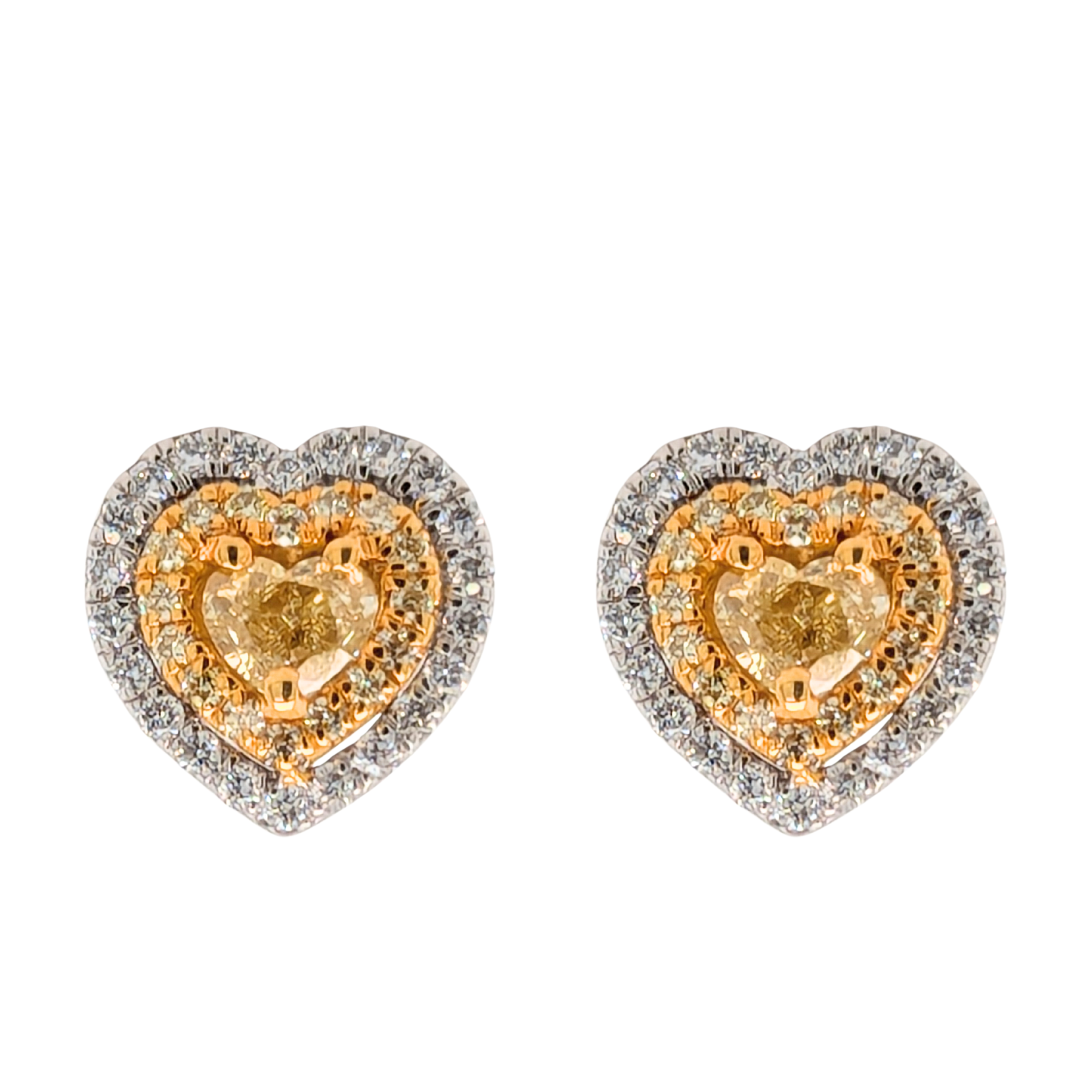 14K Two Tone Heart Halo Natural Yellow Stud Earrings