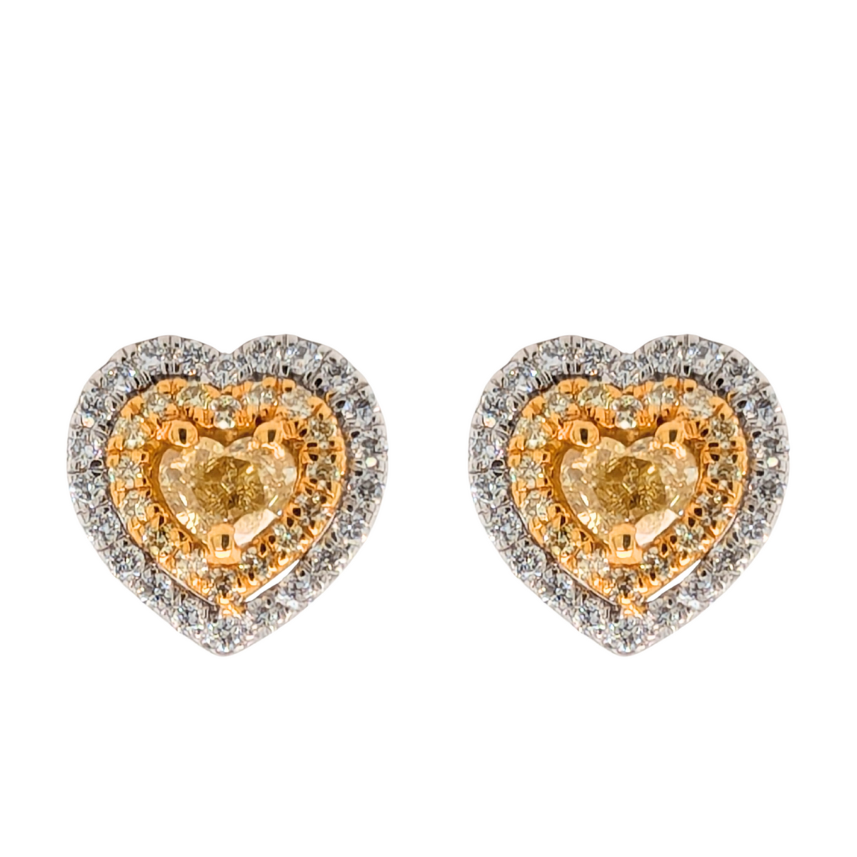 14K Two Tone Heart Halo Natural Yellow Stud Earrings