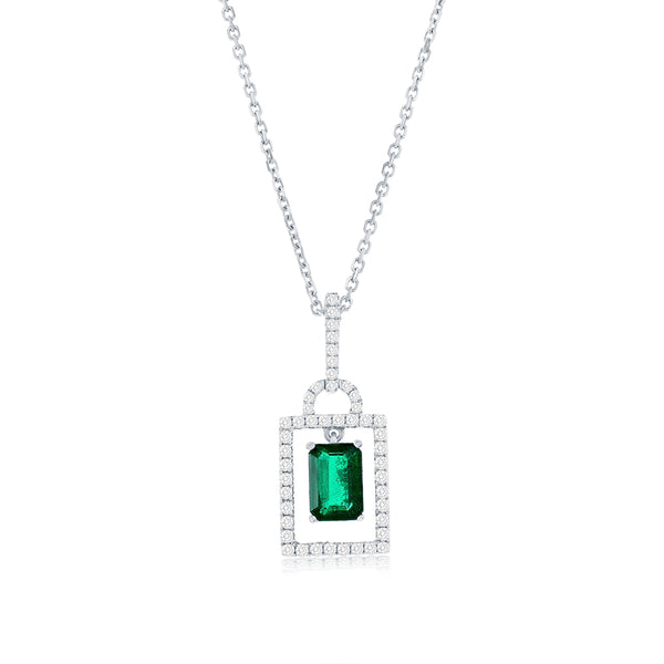 14kt White Gold .53ct EC Emerald .20ctw Diamond Pendant