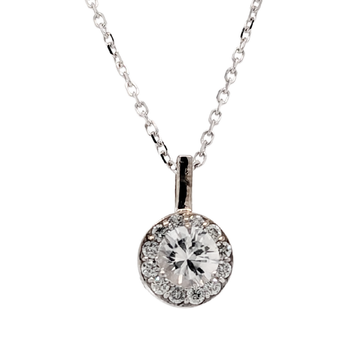 14K White Gold White Sapphire Diamond Halo Brithstone Necklace