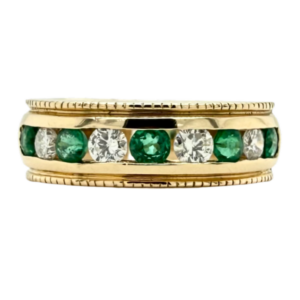 Estate 14kt Yellow Gold Emerald and Diamond Milgrain Band