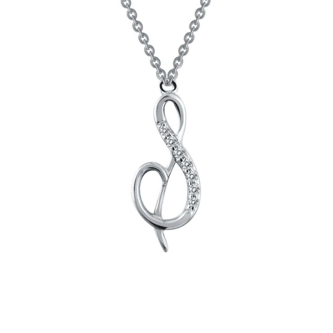 Sterling Silver Initial "S" Script Necklace with Simulated Diamonds