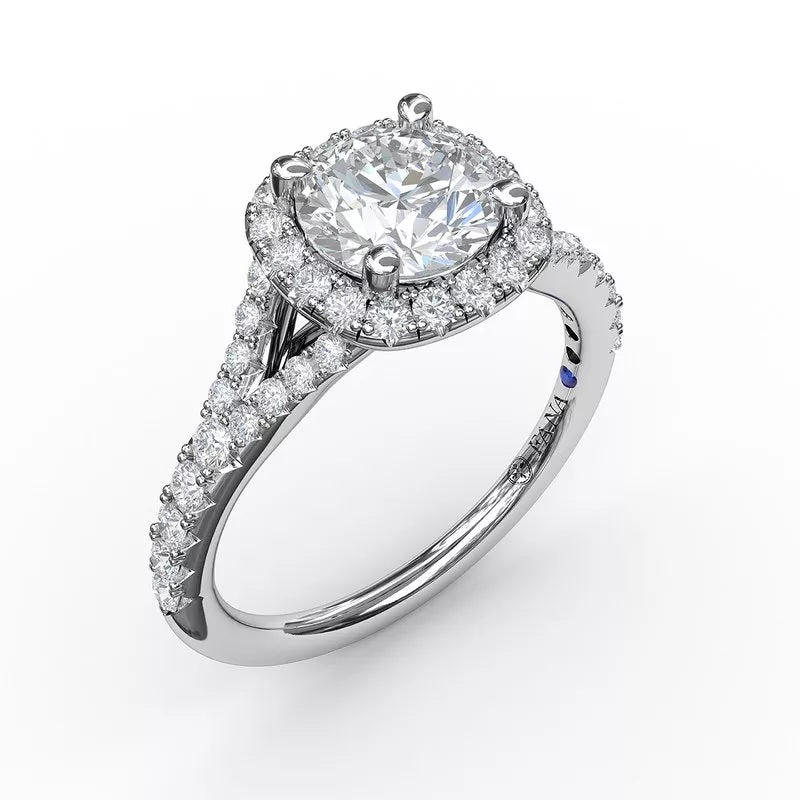 14K White Gold Classic Diamond Halo Engagement Ring with a Subtle Split Band