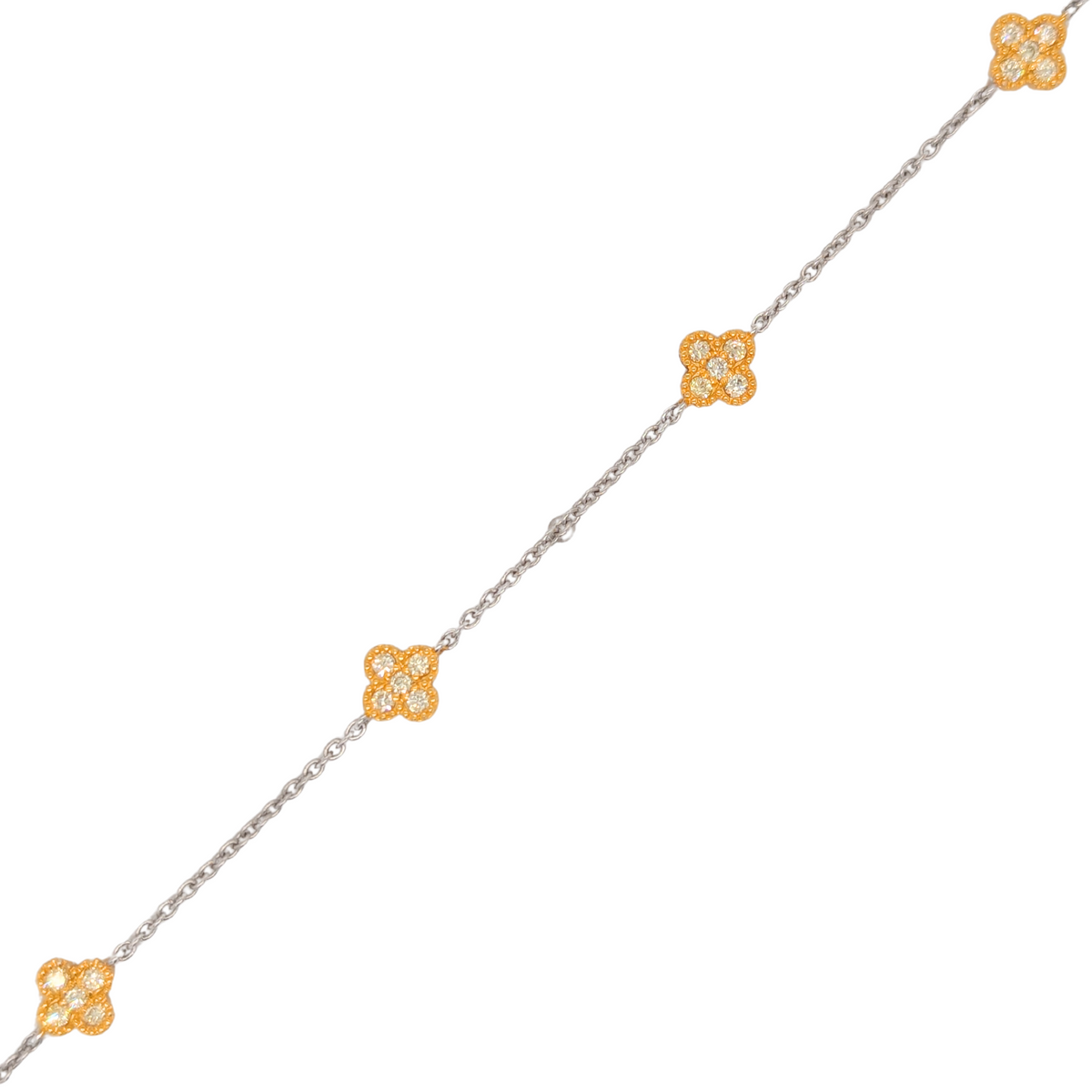 14K Two Tone Clover Natural Yellow Diamond Station Bracelet