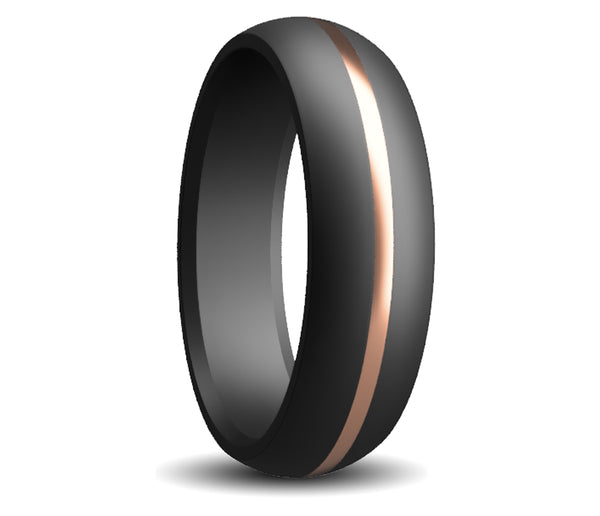 Men's Crushed Black Diamond Domed Ring with 14K Rose Gold Inlay - Size 10