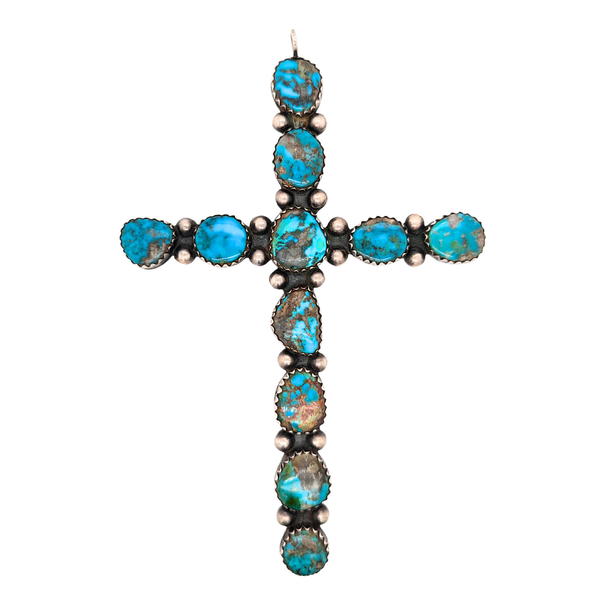 Estate: Sterling Silver Bisbee Turquoise Cross Pendant - Large