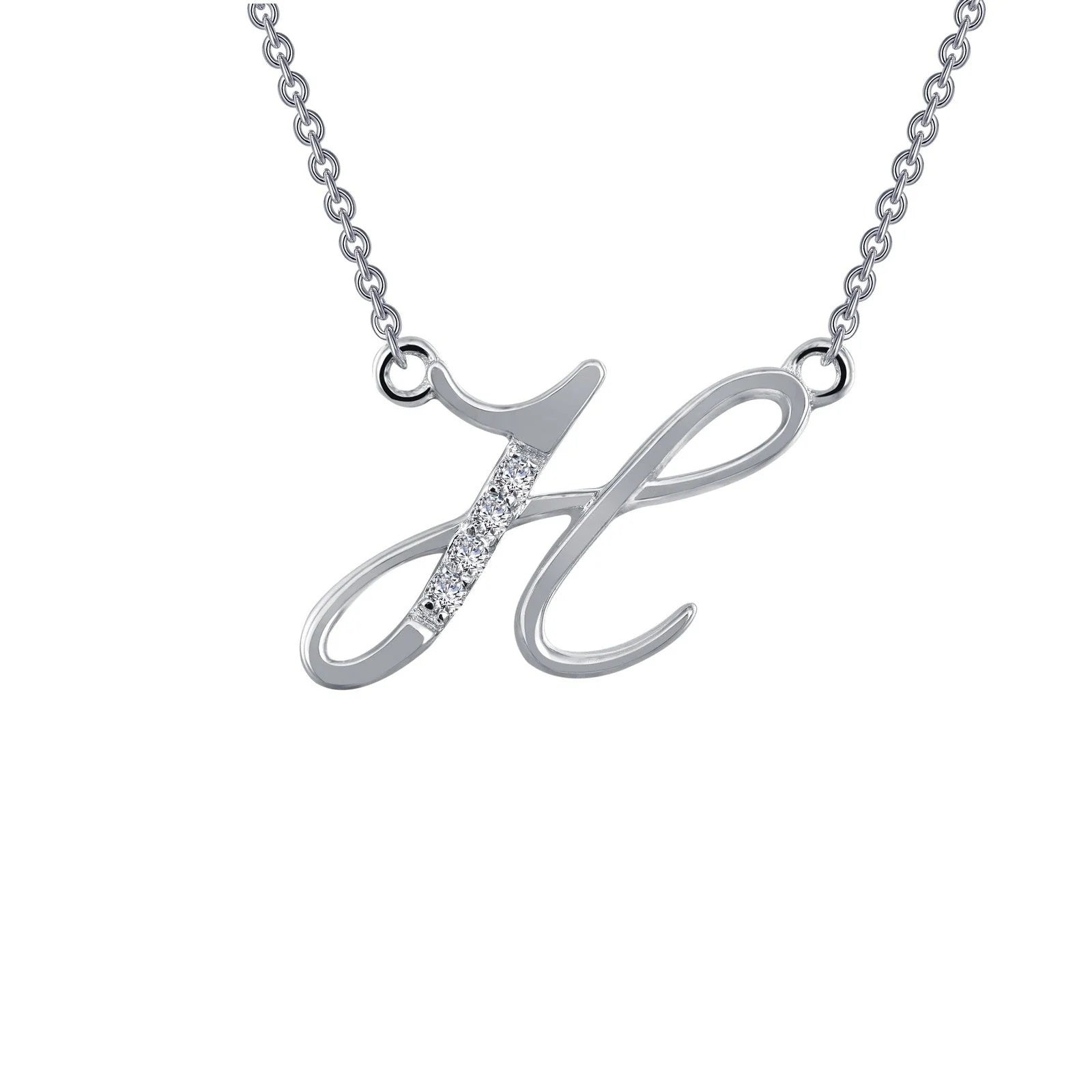 Sterling Silver Initial "H" Script Necklace with Simulated Diamonds