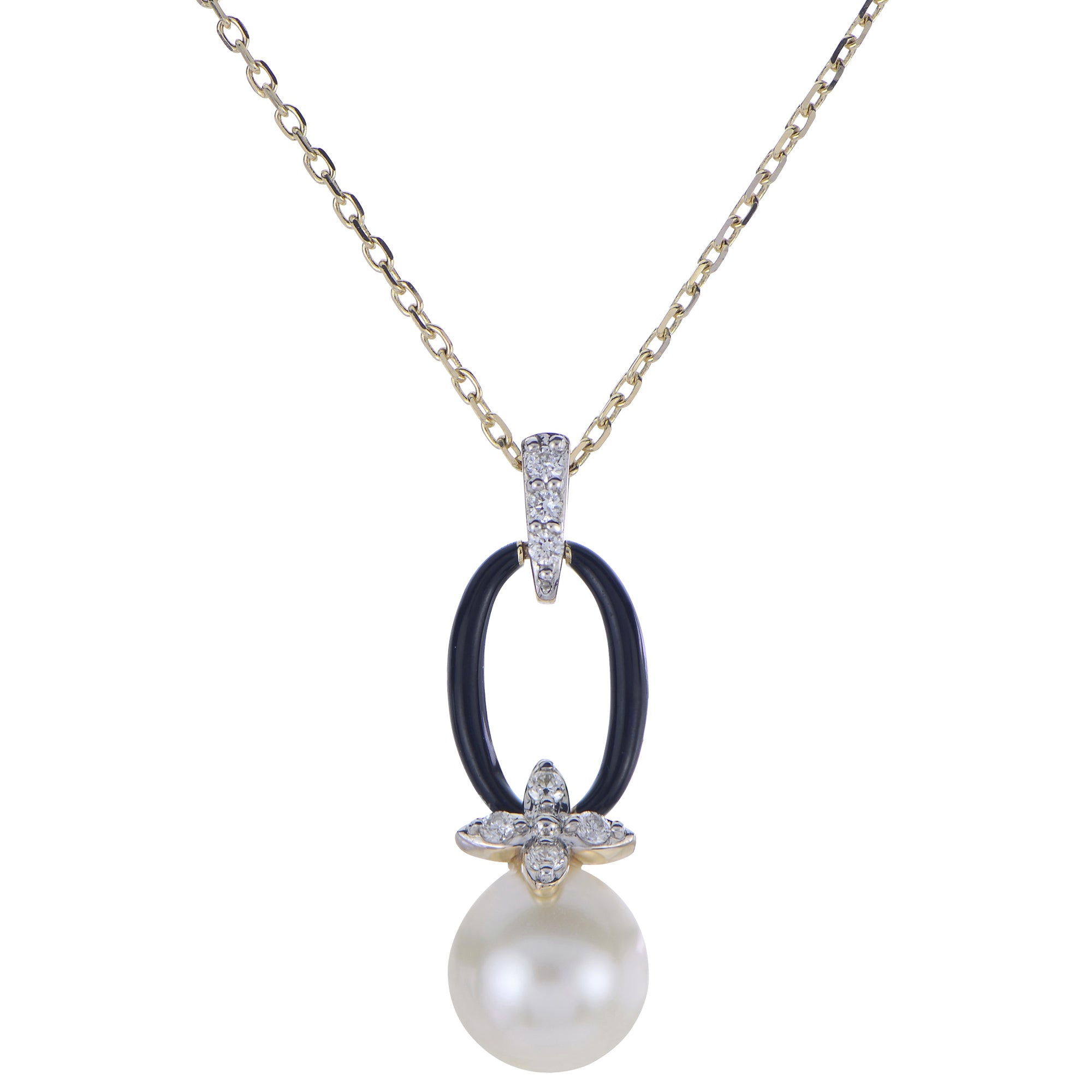 14K Gold Pearl & Diamond Black Resin Necklace