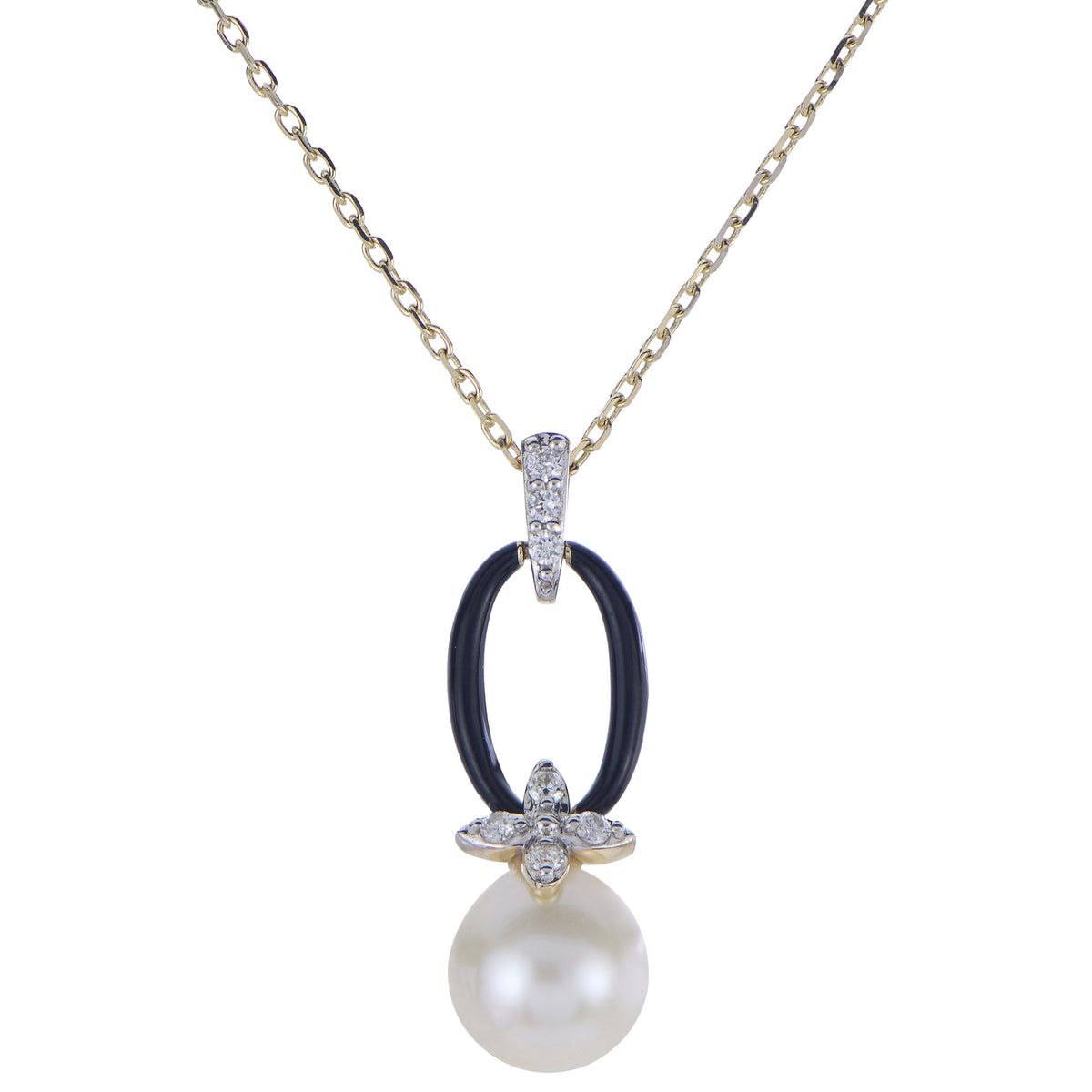 14K Gold Pearl & Diamond Black Resin Necklace