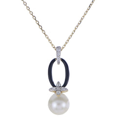 14K Gold Pearl & Diamond Black Resin Necklace