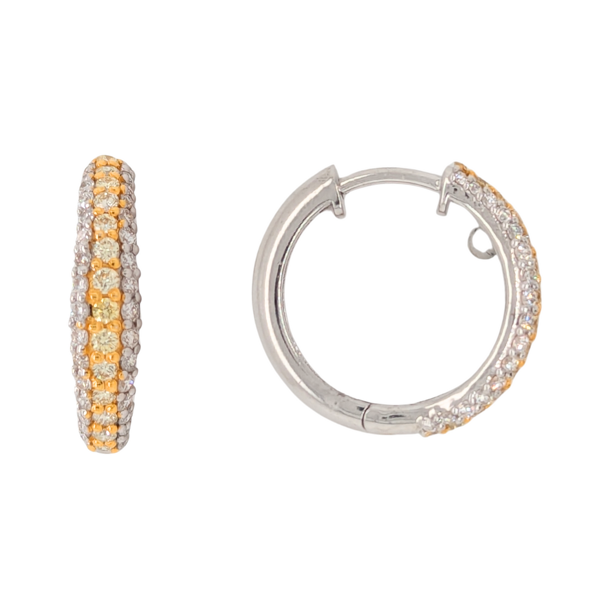 14K Gold Three Row Natural Yellow and White Diamond Hoop Earrings
