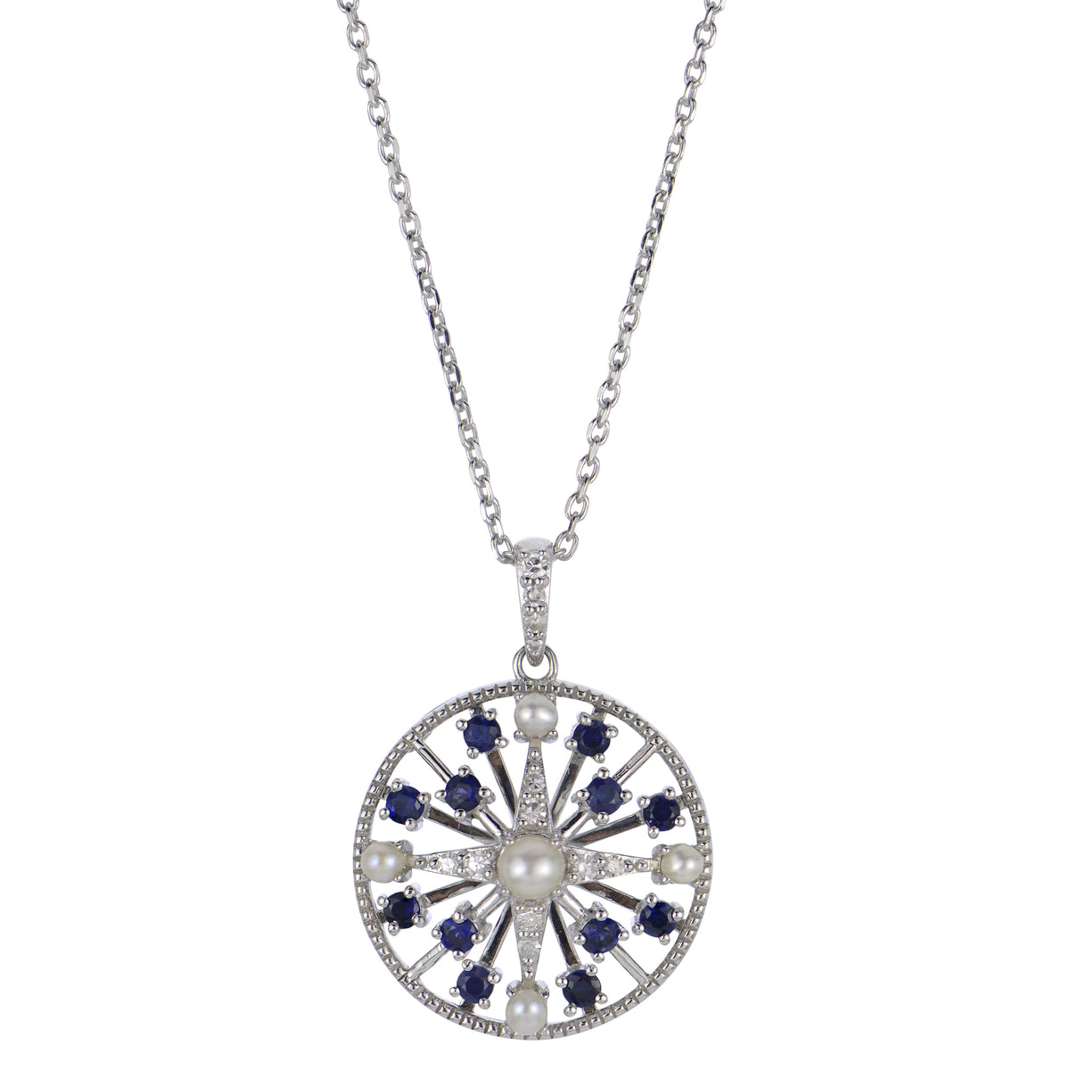 Sterling Silver Seed Pearl Blue Sapphire Necklace