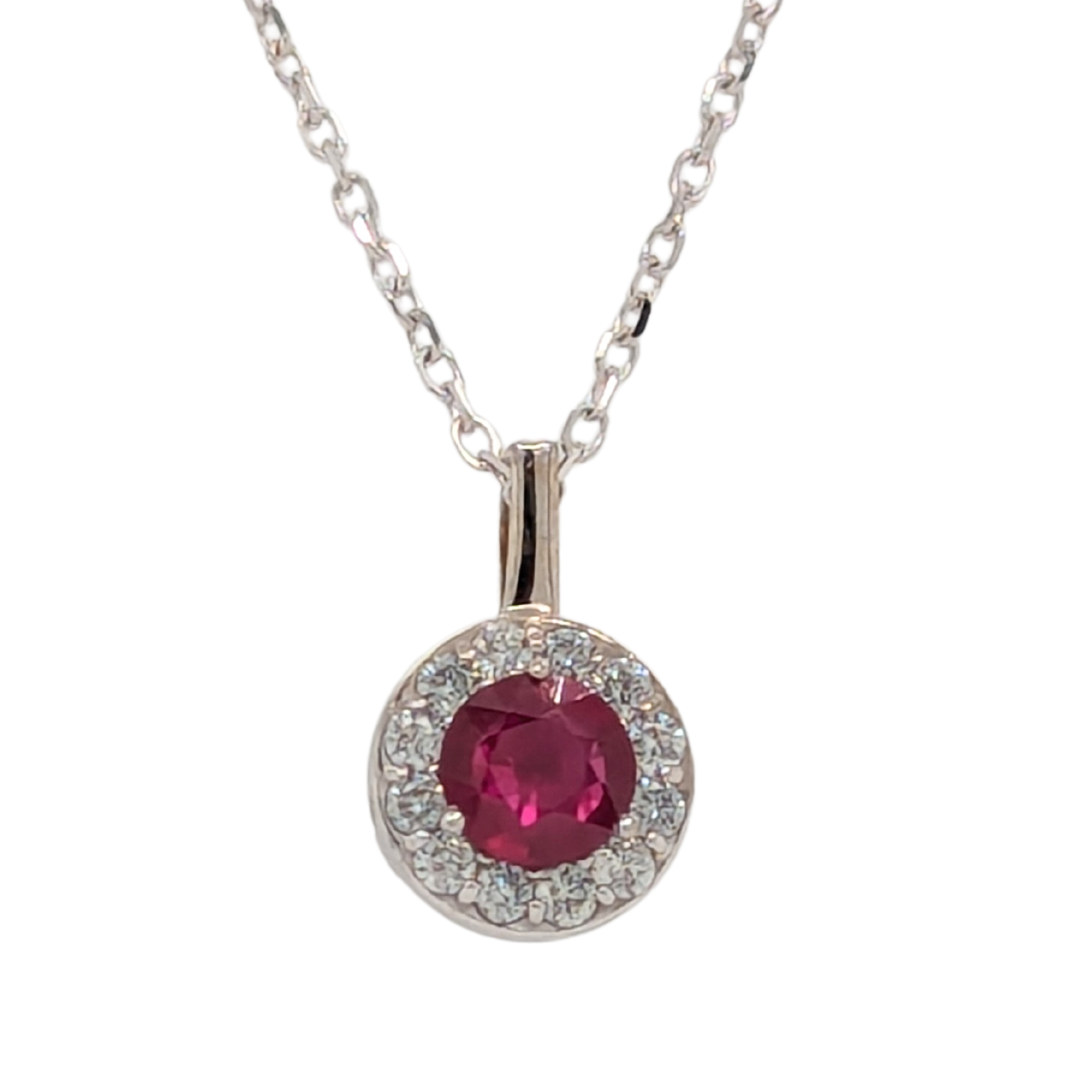 14K White Gold Ruby Diamond Halo Necklace