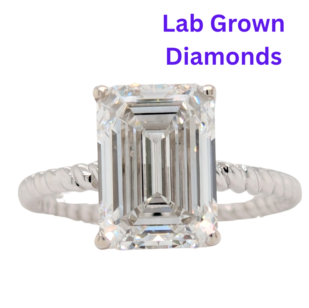 14K White Gold 4.15CT Lab Grown Emerald Cut Rope Band Ring