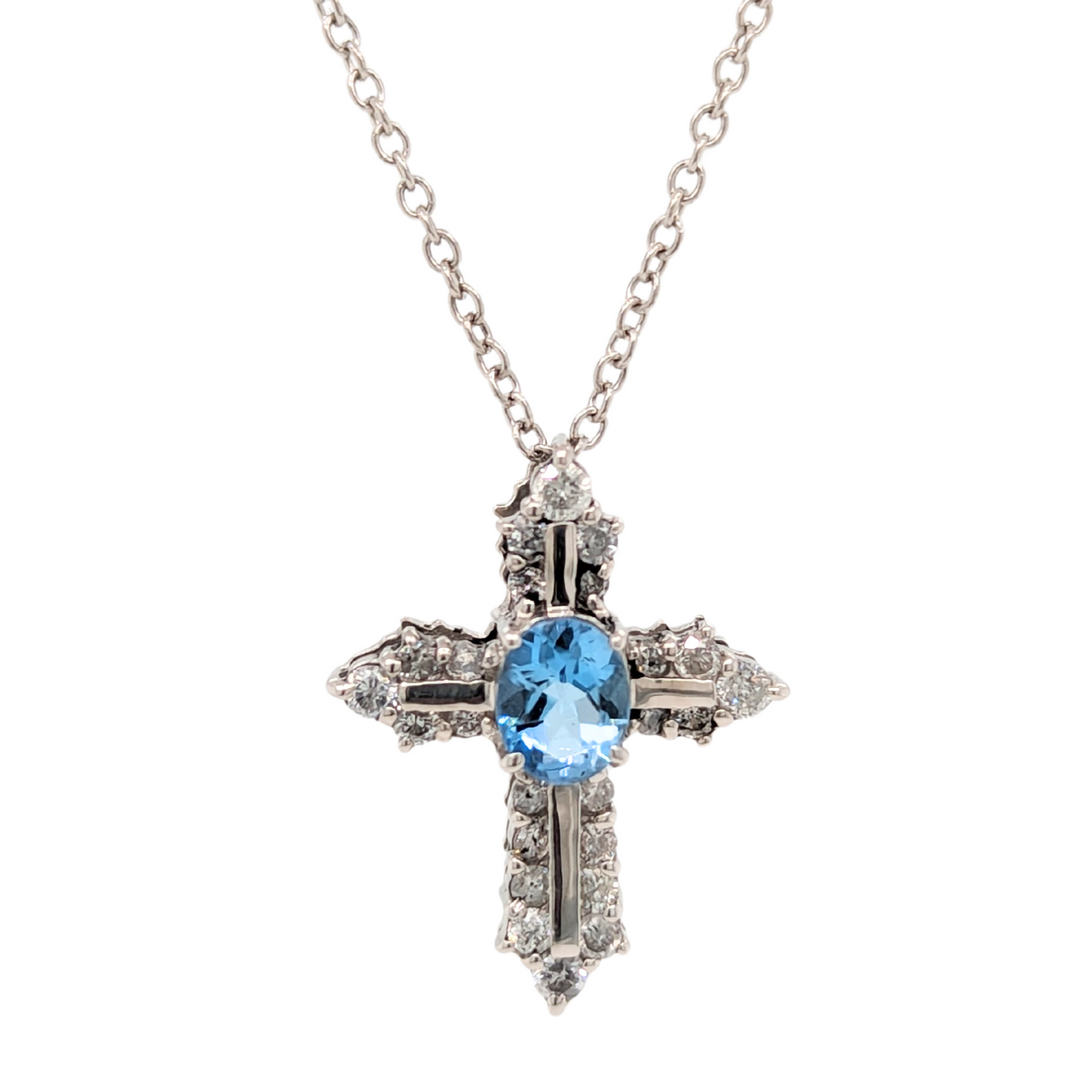 Estate: Platinum Oval Aquamarine & Diamond Cross Necklace