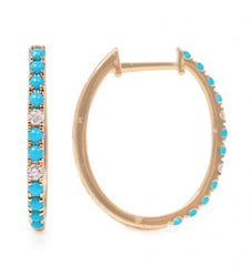 14K Gold Turquoise & Diamond Oval Hoops