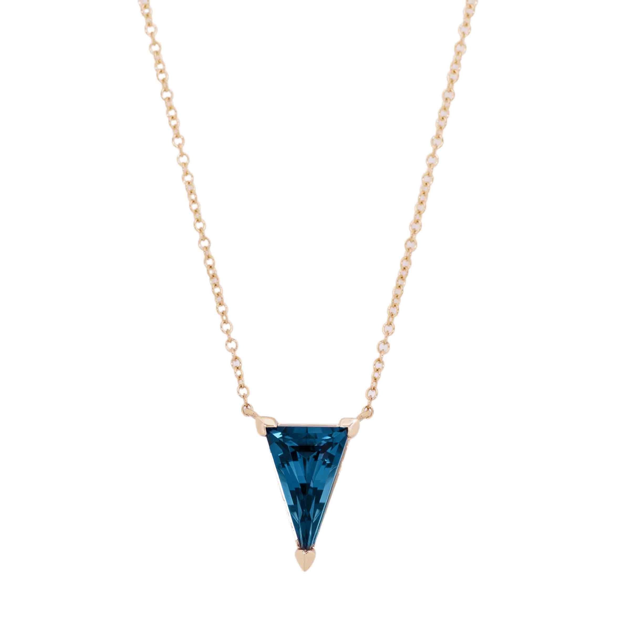 14K Yellow Gold Unique Triangle Cut Blue Topaz Necklace