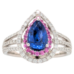 18K Blue & Pink Sapphire Double Halo Diamond Ring