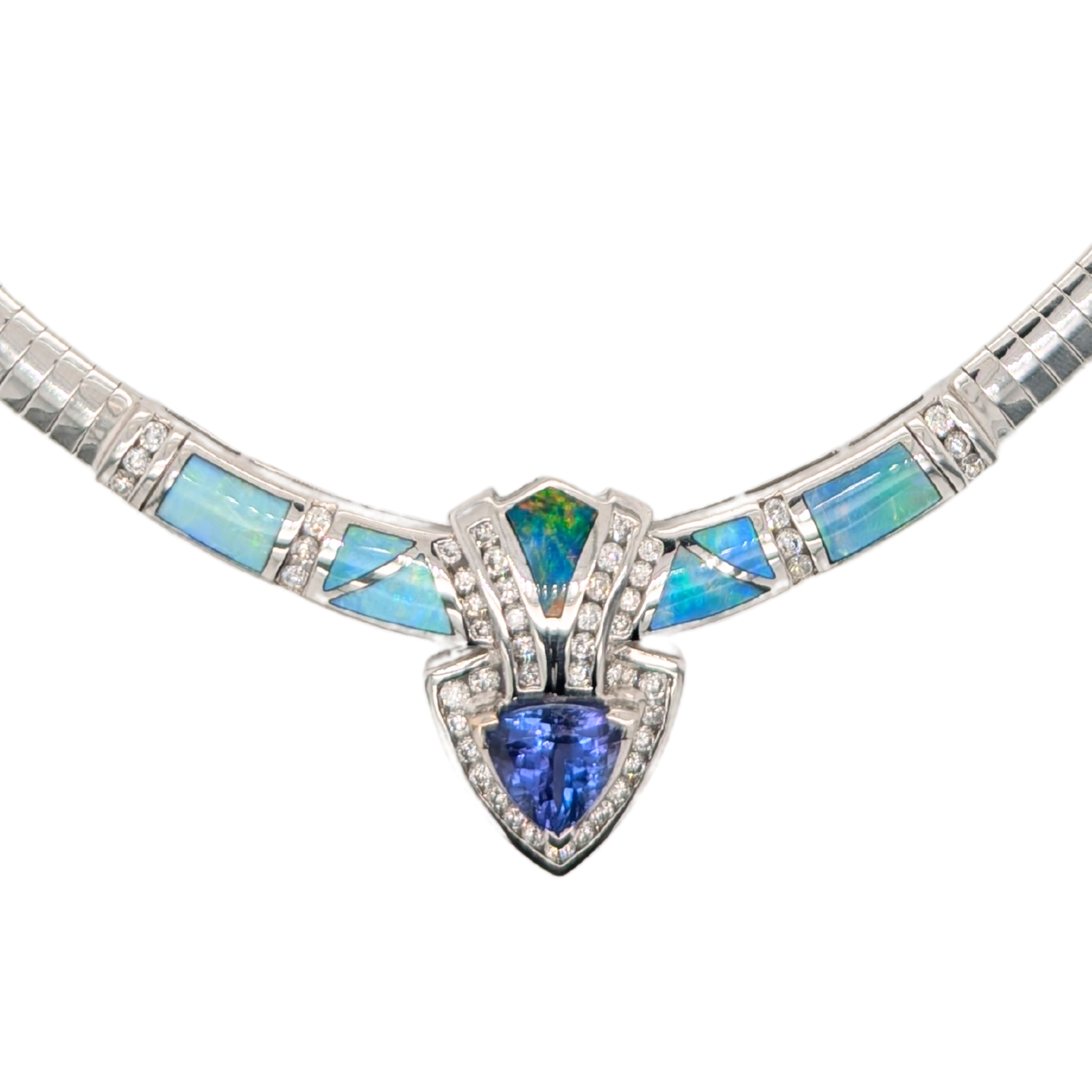 Estate: 14K White Gold Tanzanite, Opal and Diamond Necklace