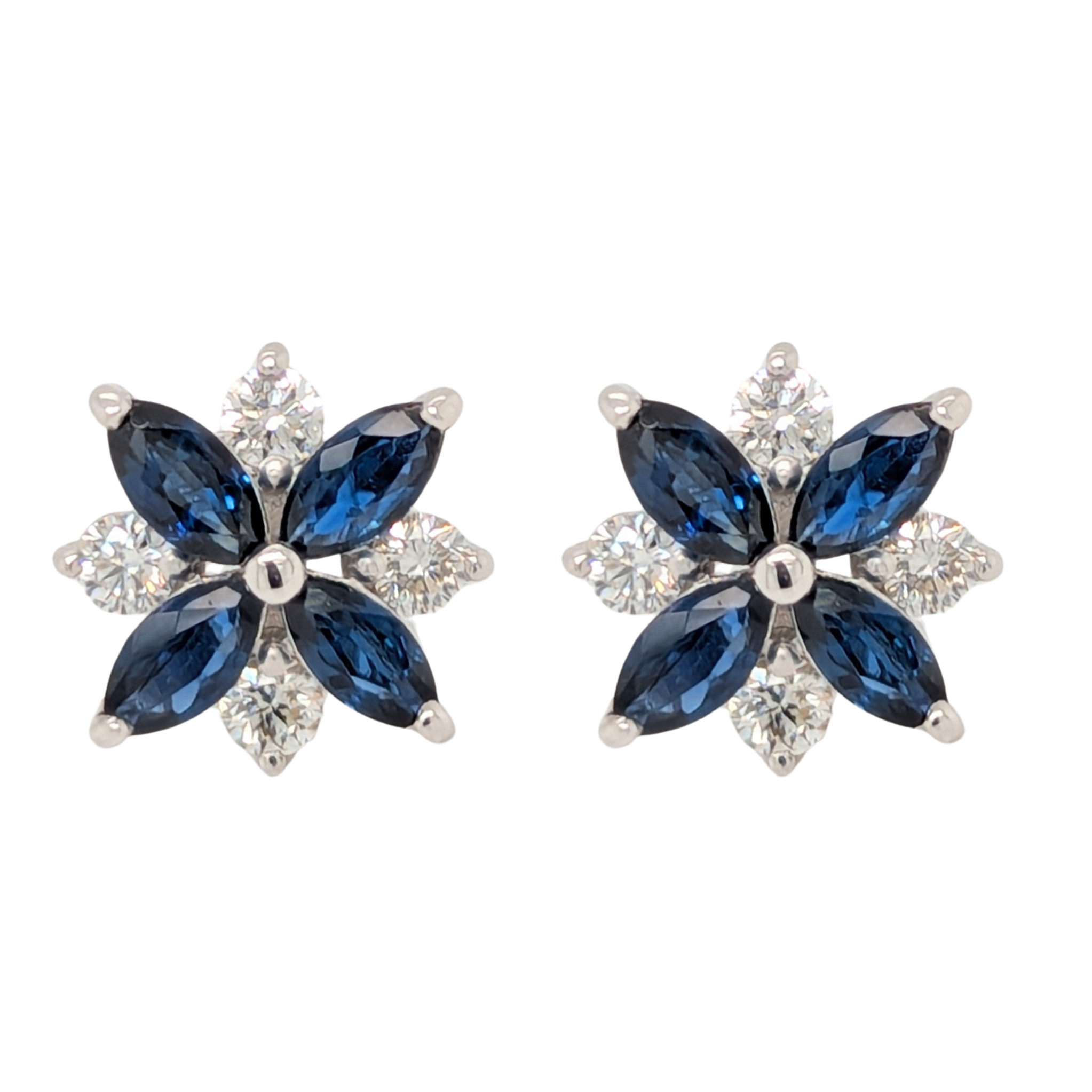 18K White Gold Blue Sapphire Floral Stud Earrings