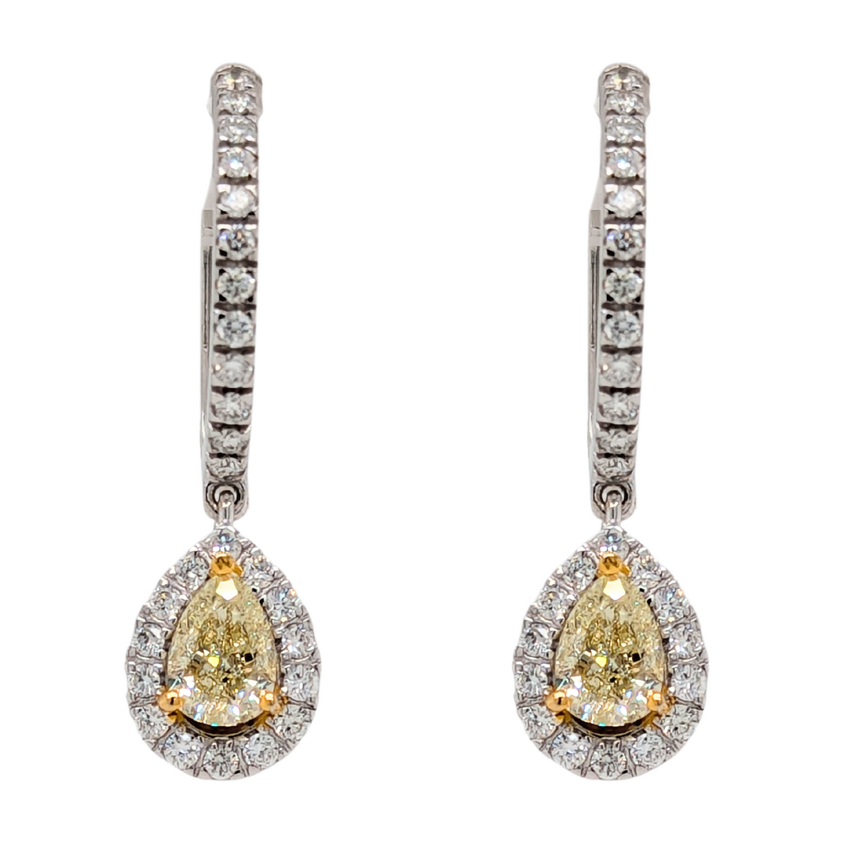 14K Gold Pear Shape Natural Yellow Diamond Earrings with White Diamond Halo