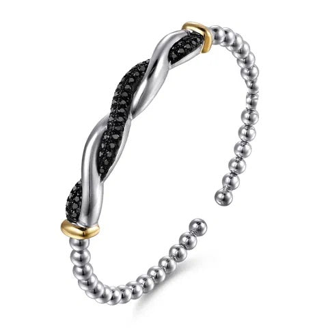 Sterling Silver with 14K Gold Black Spinel Twisted Bangle Bracelet
