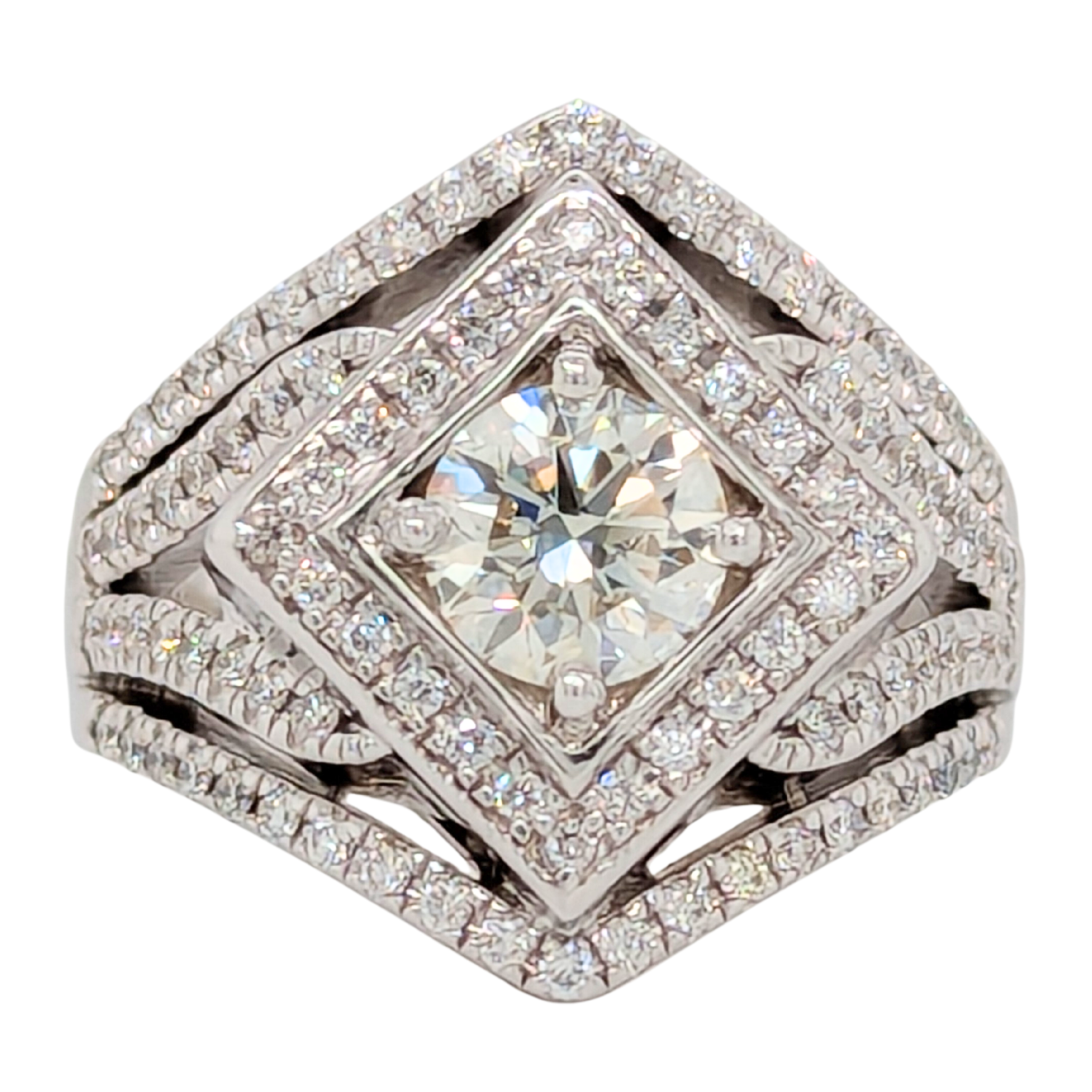 Estate: 14K White Gold .90CT Center Kite Square Halo Diamond Engagement Ring