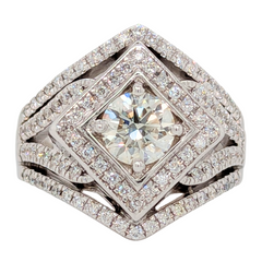 Estate: 14K White Gold .90CT Center Kite Square Halo Diamond Engagement Ring