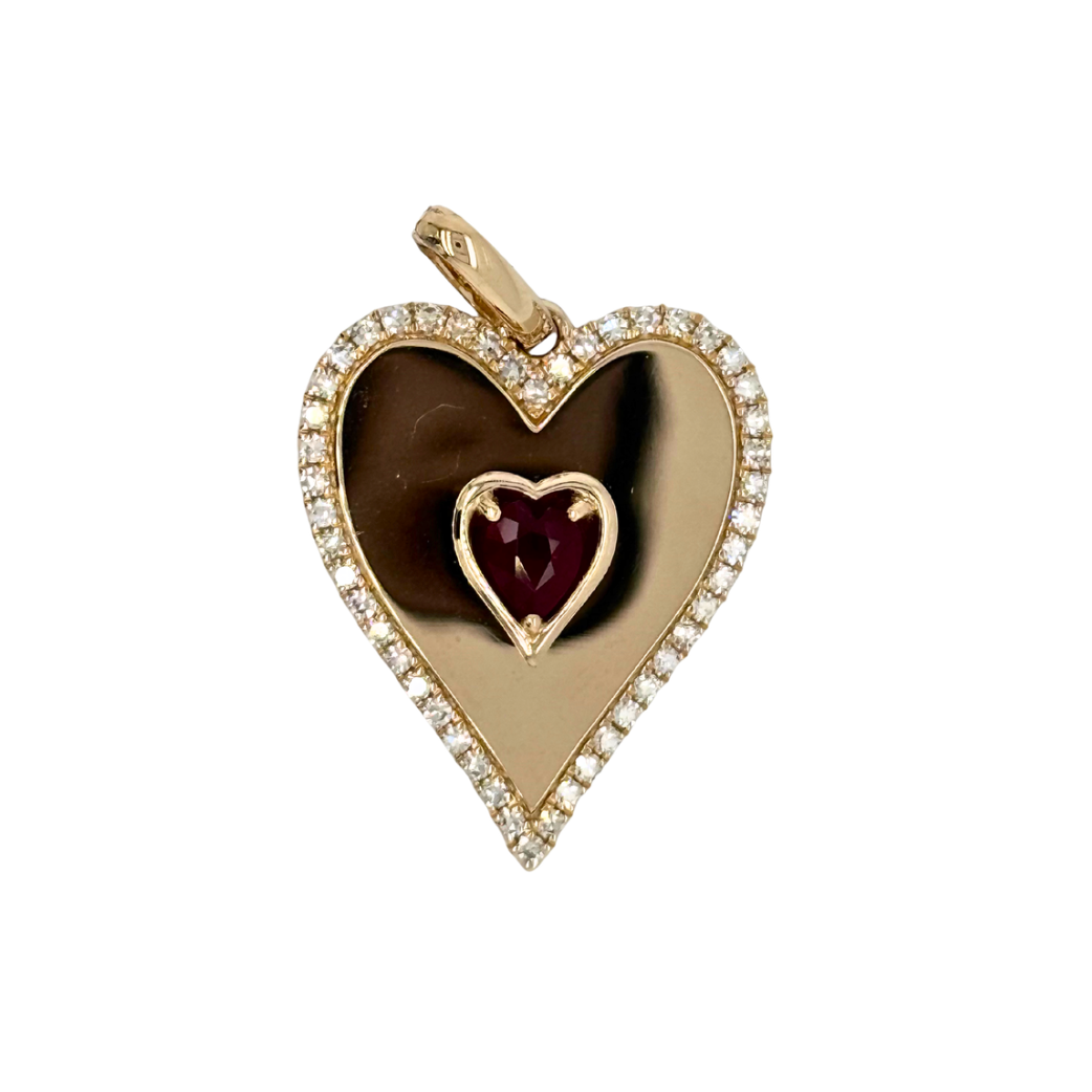 14kt Yellow Gold .28ct Heart Ruby .29ctw Single Cut Diamond Pendant