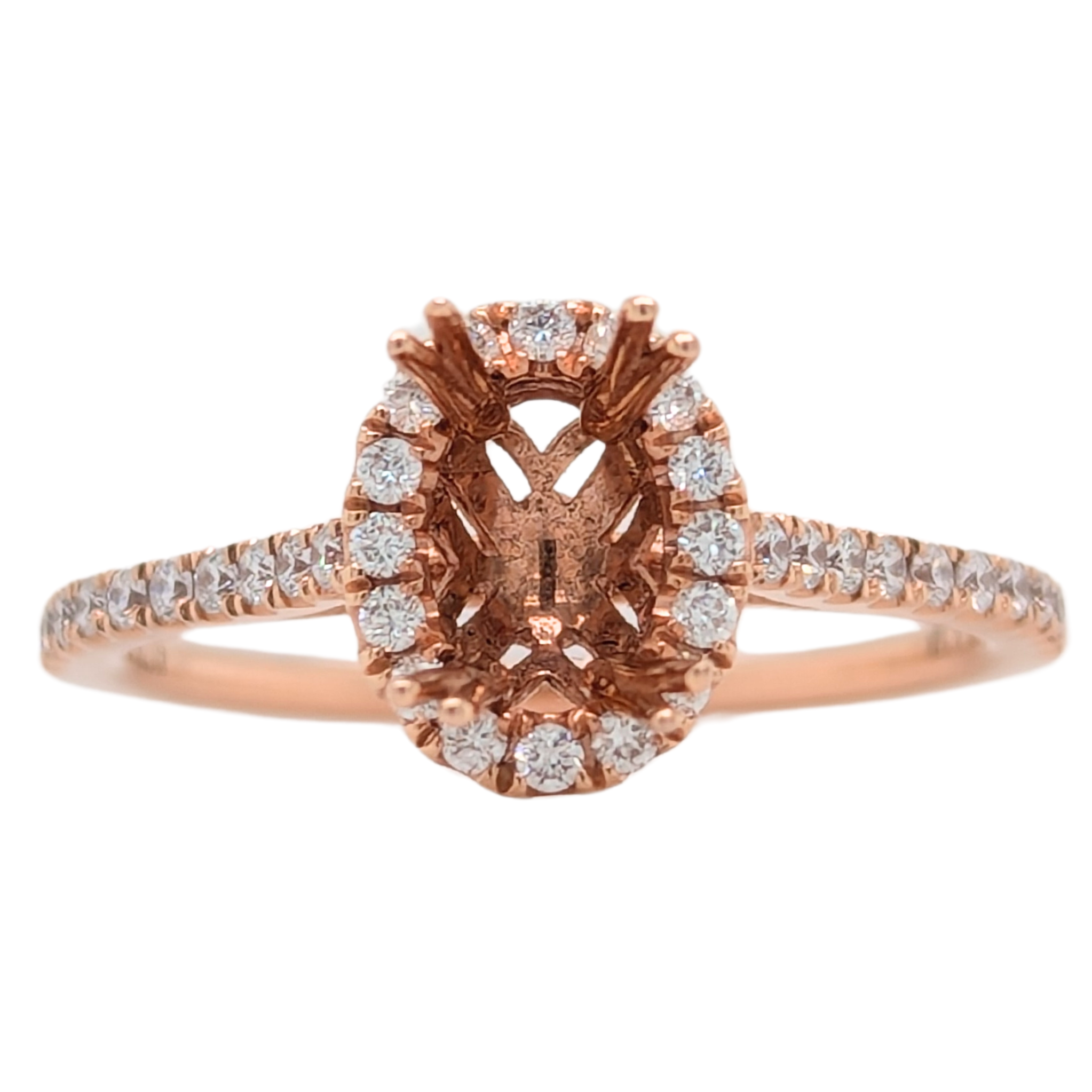 14K Rose Gold Oval Double Prong Diamond Halo Semi-Mount Engagement