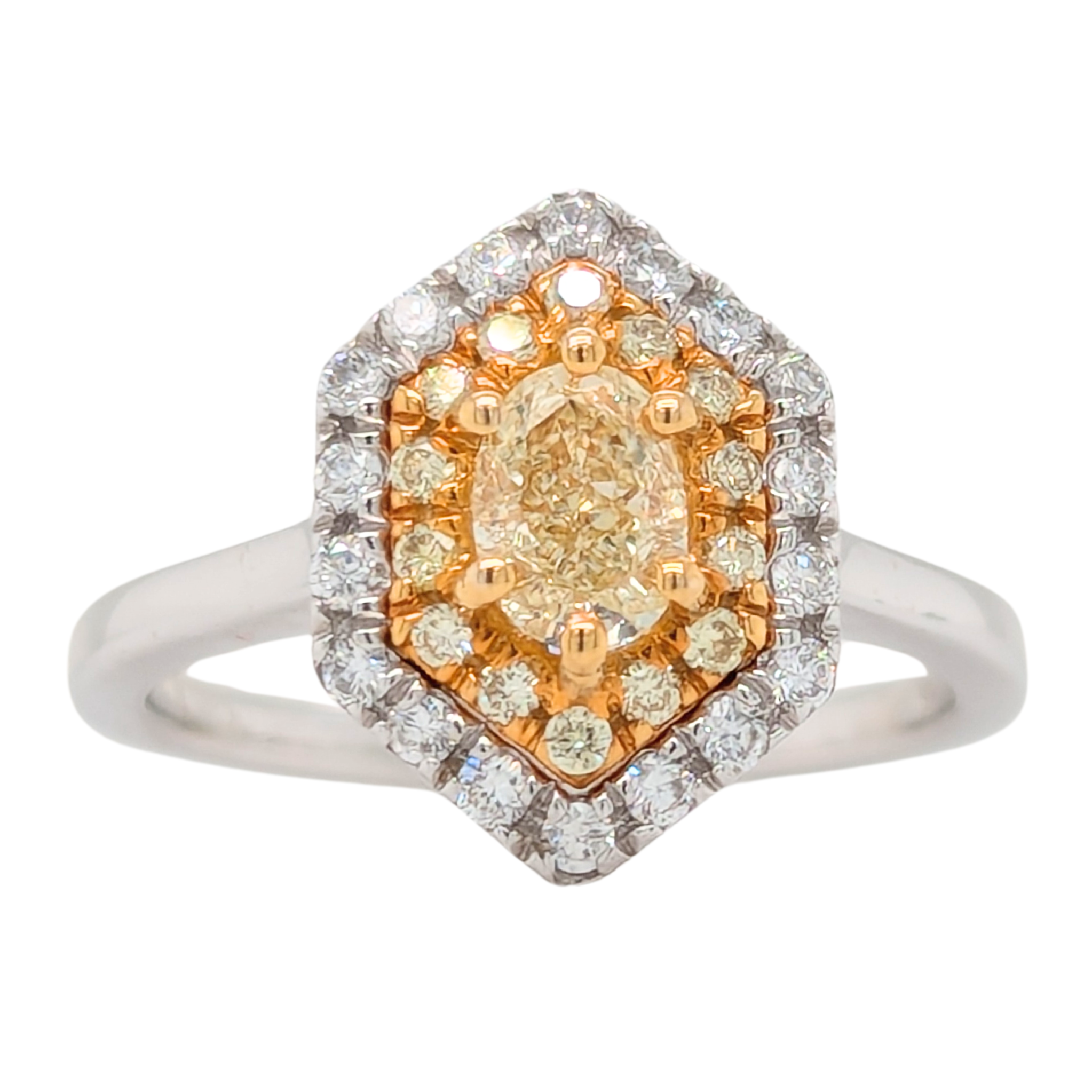 14K Gold Hexagonal Natural Yellow Double Diamond Halo Ring