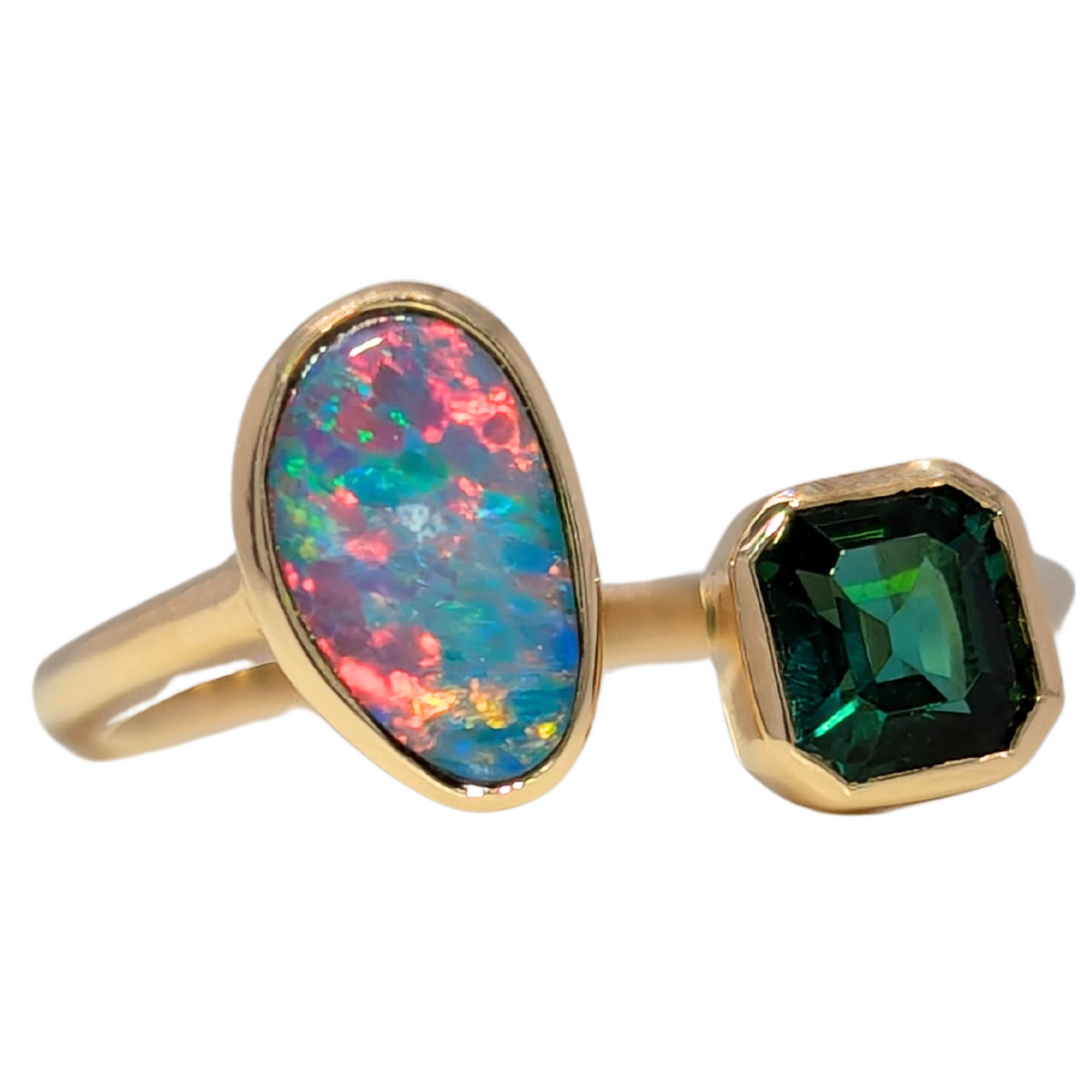 14K Yellow Gold Toi et Moi Ring with Australian Opal and Green Tourmaline