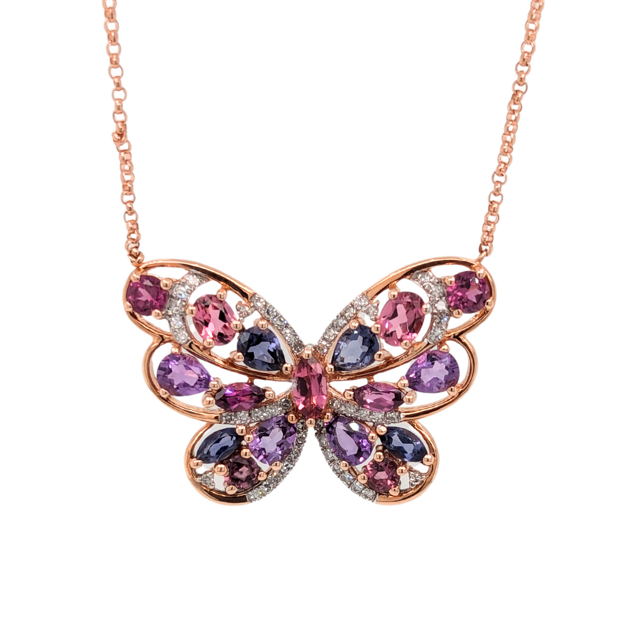 14K Rose Gold Multi-Gem Necklace with Diamond Accents