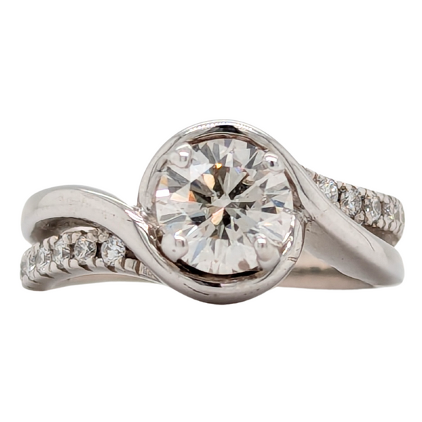 Estate: 14K White Gold .95CT Round Center Diamond Bypass Engagement Ring